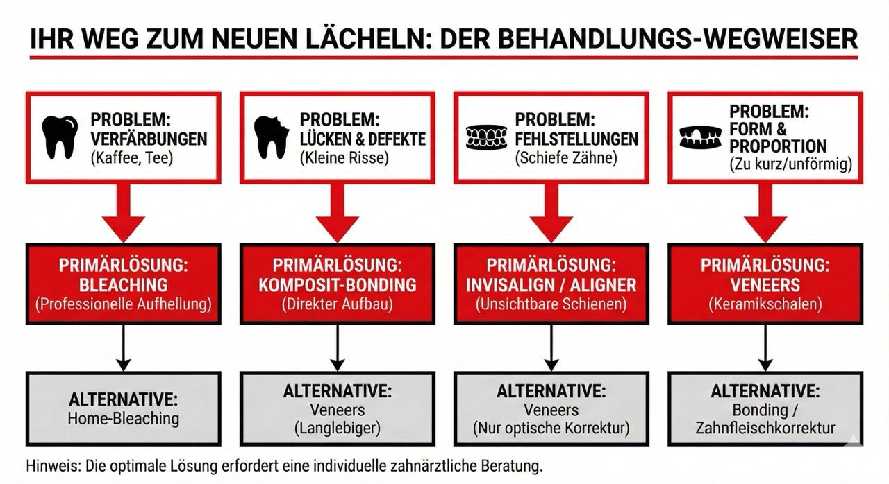 Infografik Entscheidungsbaum für ästhetische Zahnbehandlungen