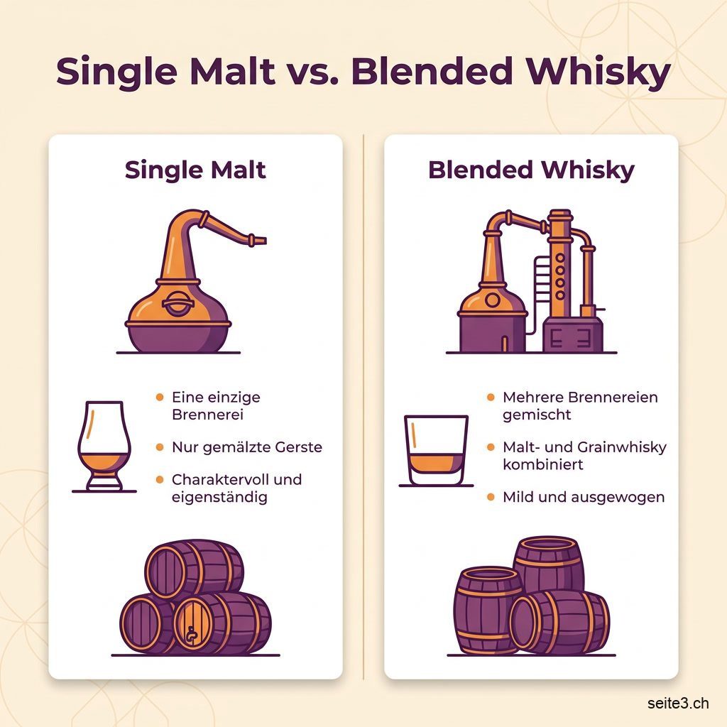Infografik: Unterschied zwischen Single Malt Whisky und Blended Whisky mit Herkunft, Zutaten und Charakter