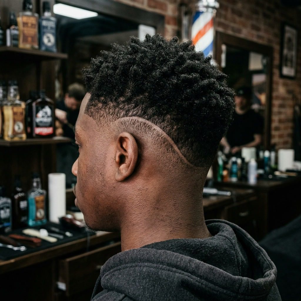Burst Fade Haarschnitt Nahaufnahme mit geschwungener Linie ums Ohr