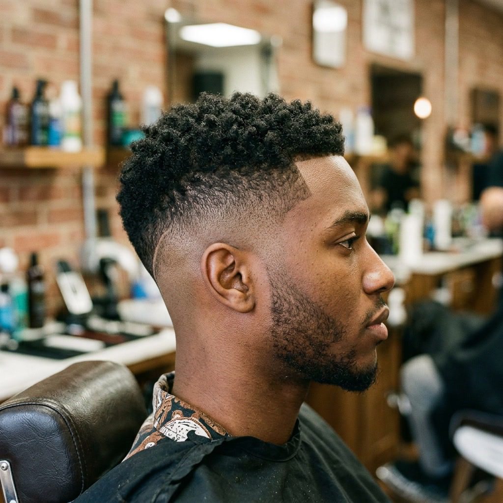 Drop Fade Haarschnitt mit nach unten fallender Linie hinters Ohr