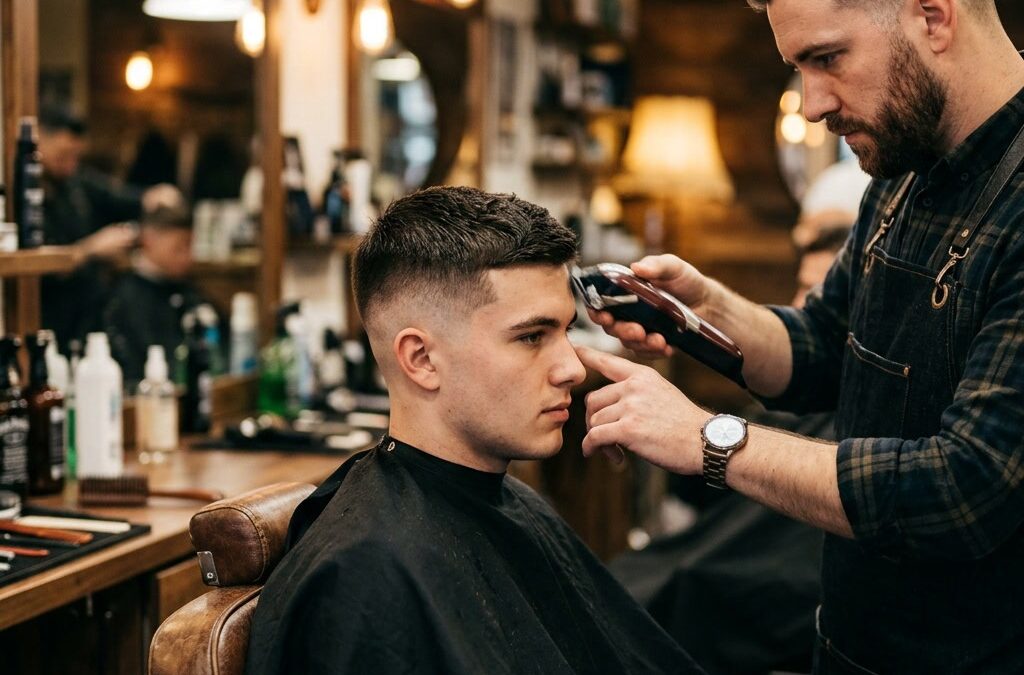 Barbier schneidet einem jungen Mann eine moderne Fade Frisur