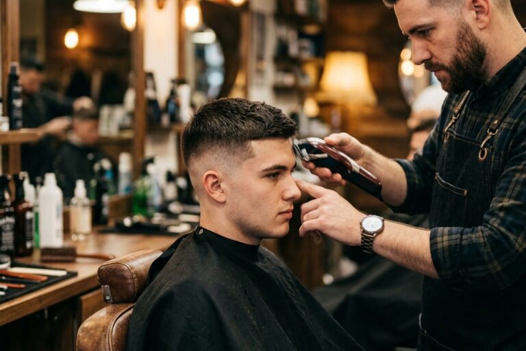 Barbier schneidet einem jungen Mann eine moderne Fade Frisur