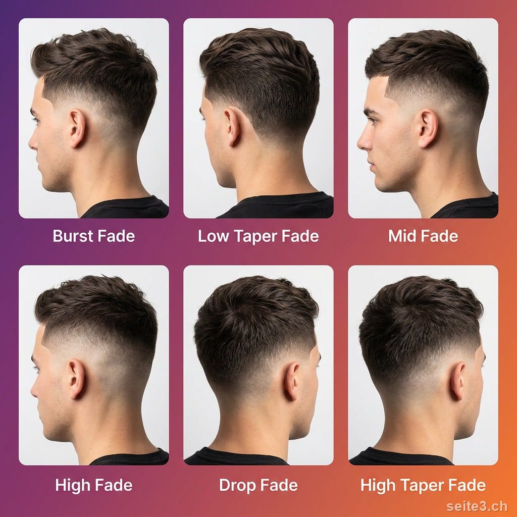 Vergleichsgrafik von sechs Fade Frisuren Varianten: Burst Fade, Low Taper Fade, Mid Fade, High Fade, Drop Fade, High Taper Fade