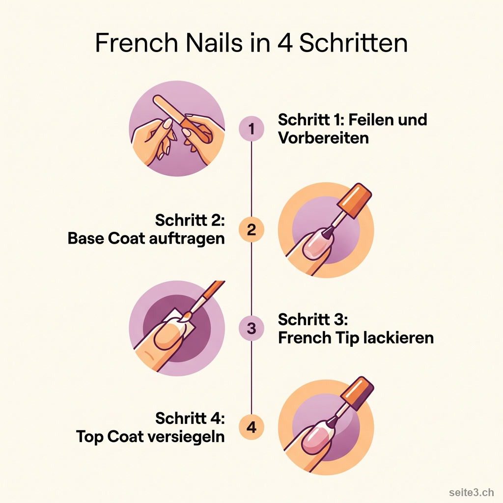 French Nails in 4 Schritten: Feilen und Vorbereiten, Base Coat auftragen, French Tip lackieren, Top Coat versiegeln
