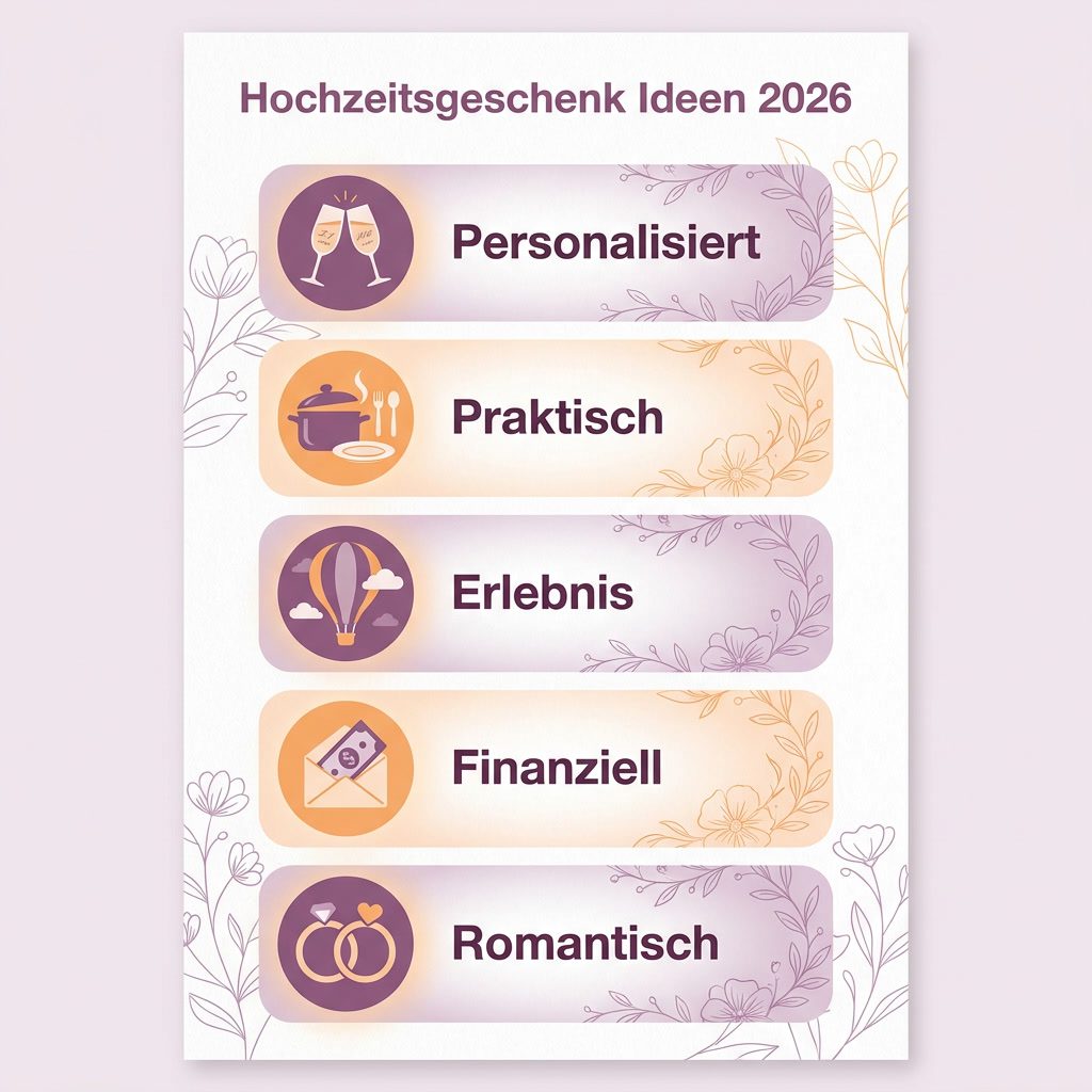 Fuenf Hochzeitsgeschenk-Kategorien im Ueberblick: Personalisiert, Praktisch, Erlebnis, Finanziell, Romantisch