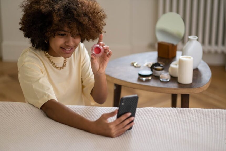 imke riedebusch - Young woman recording a video review of beauty products using a smartphone indoors