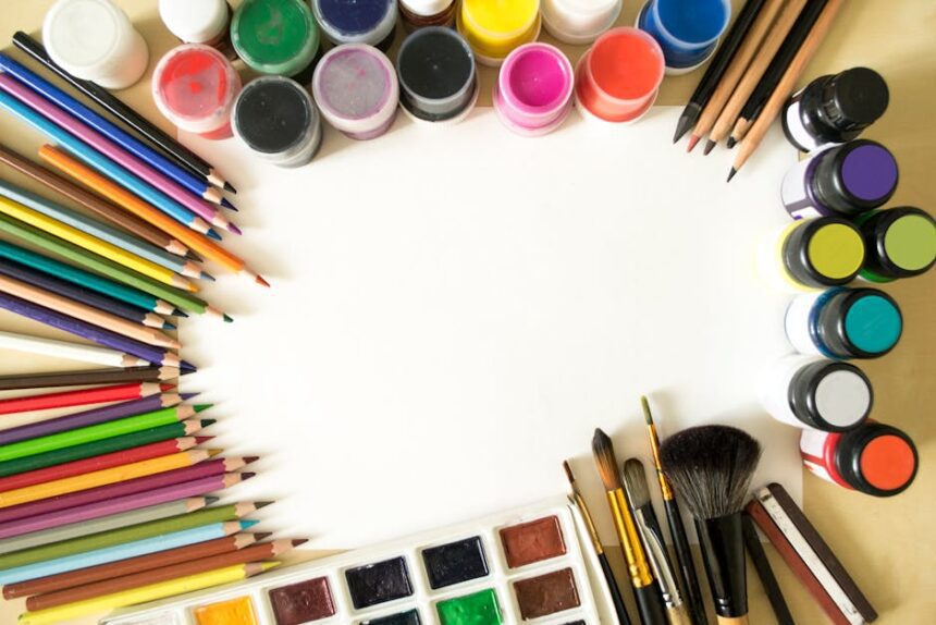 modulor berlin - Creative flat lay of colorful art supplies including paints, pencils, and brushes o