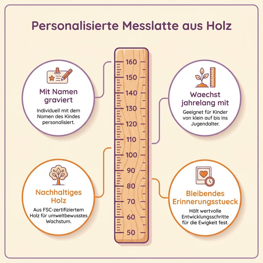 Infografik: Gründe für eine personalisierte Messlatte aus Holz mit Namensgravur und nachhaltigem Material