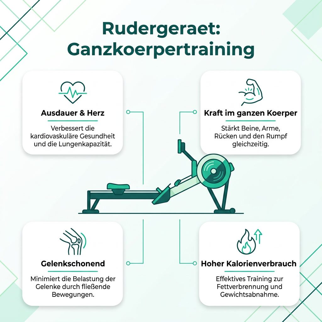 Infografik: Rudergerät als Ganzkörpertraining mit den Vorteilen Ausdauer, Kraft, Gelenkschonung und hohem Kalorienverbrauch