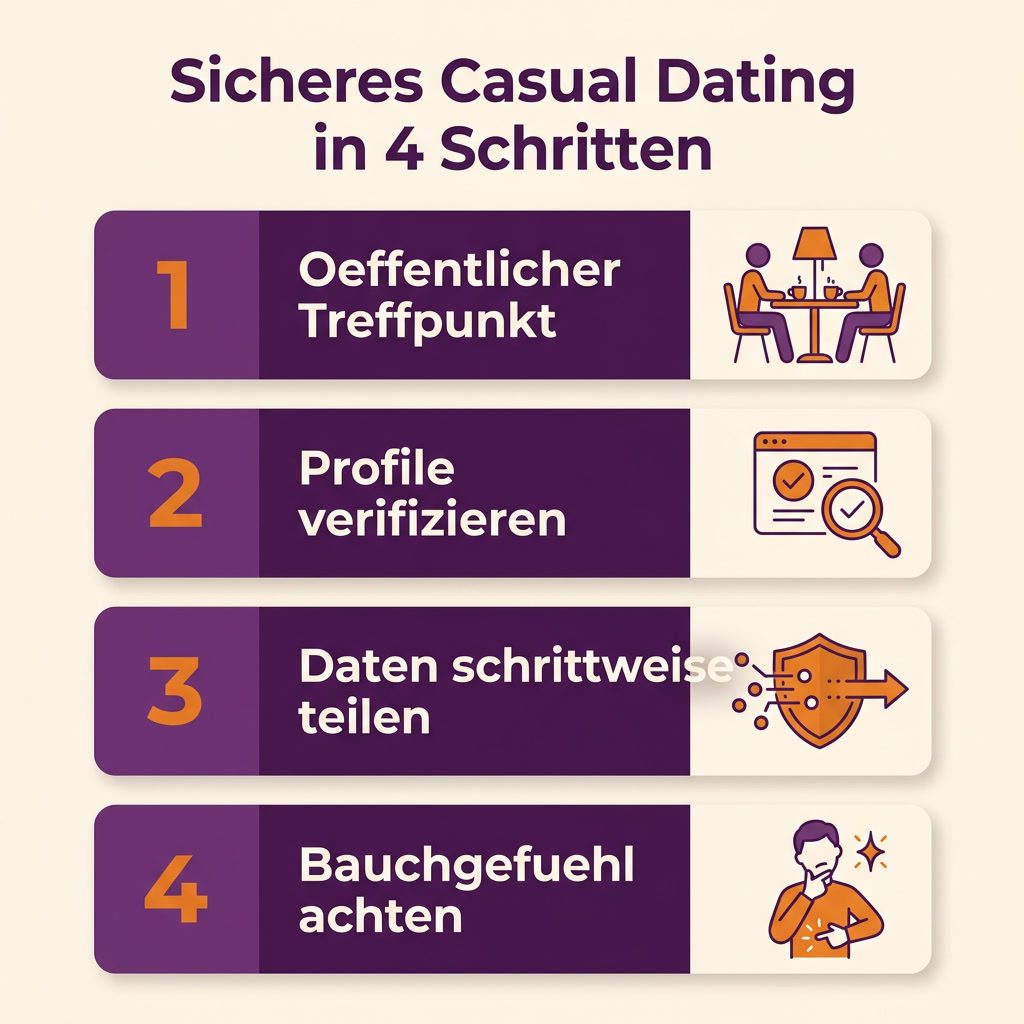 Sicheres Casual Dating in 4 Schritten – Infografik mit öffentlichem Treffpunkt, Profilverifizierung, schrittweisem Teilen von Daten und achten auf Bauchgefühl